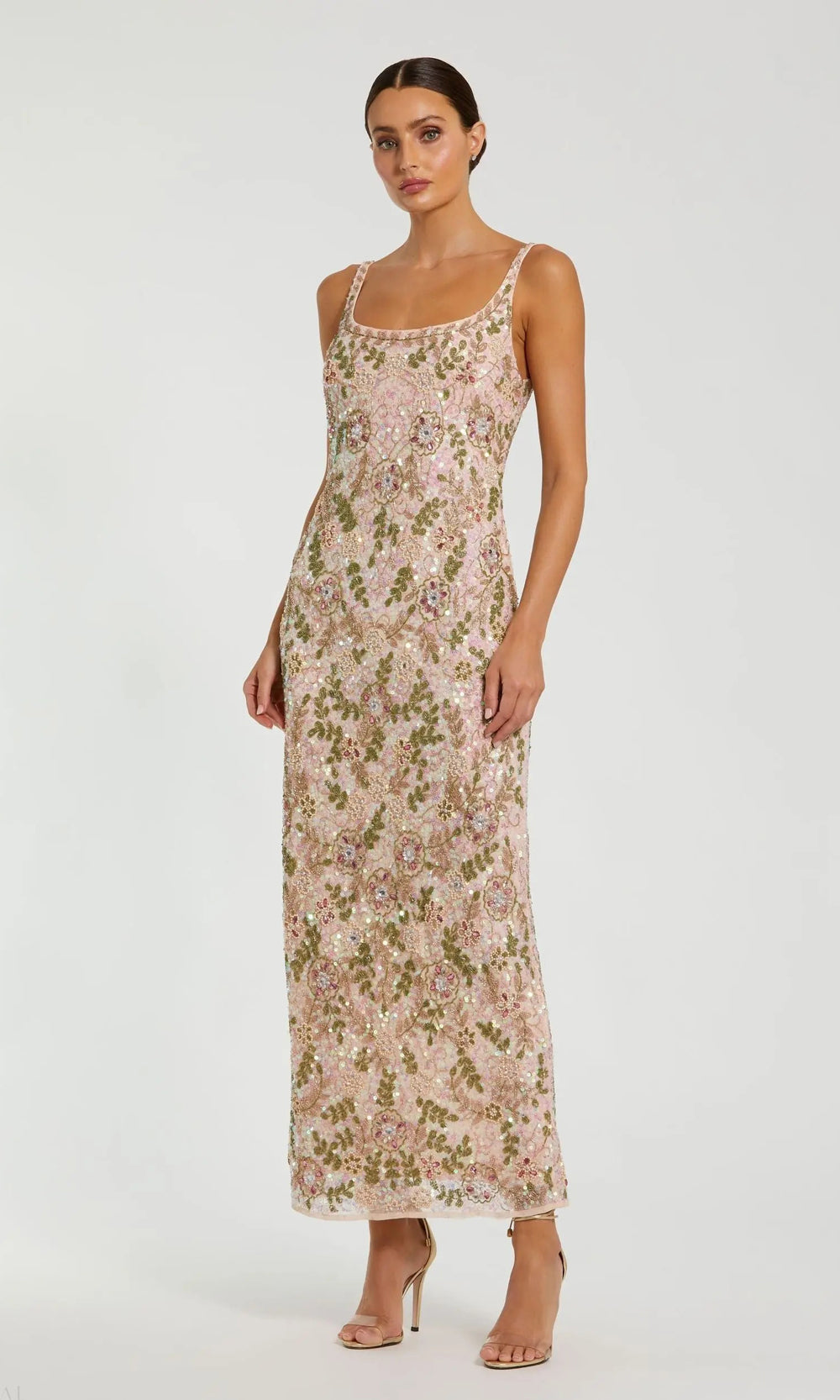 Mac Duggal 10755 champagne beige multicolor front view fully beaded fitted scoop-neck gown with floral bead motifs, structured straps, and floor-length fitted silhouette for prom