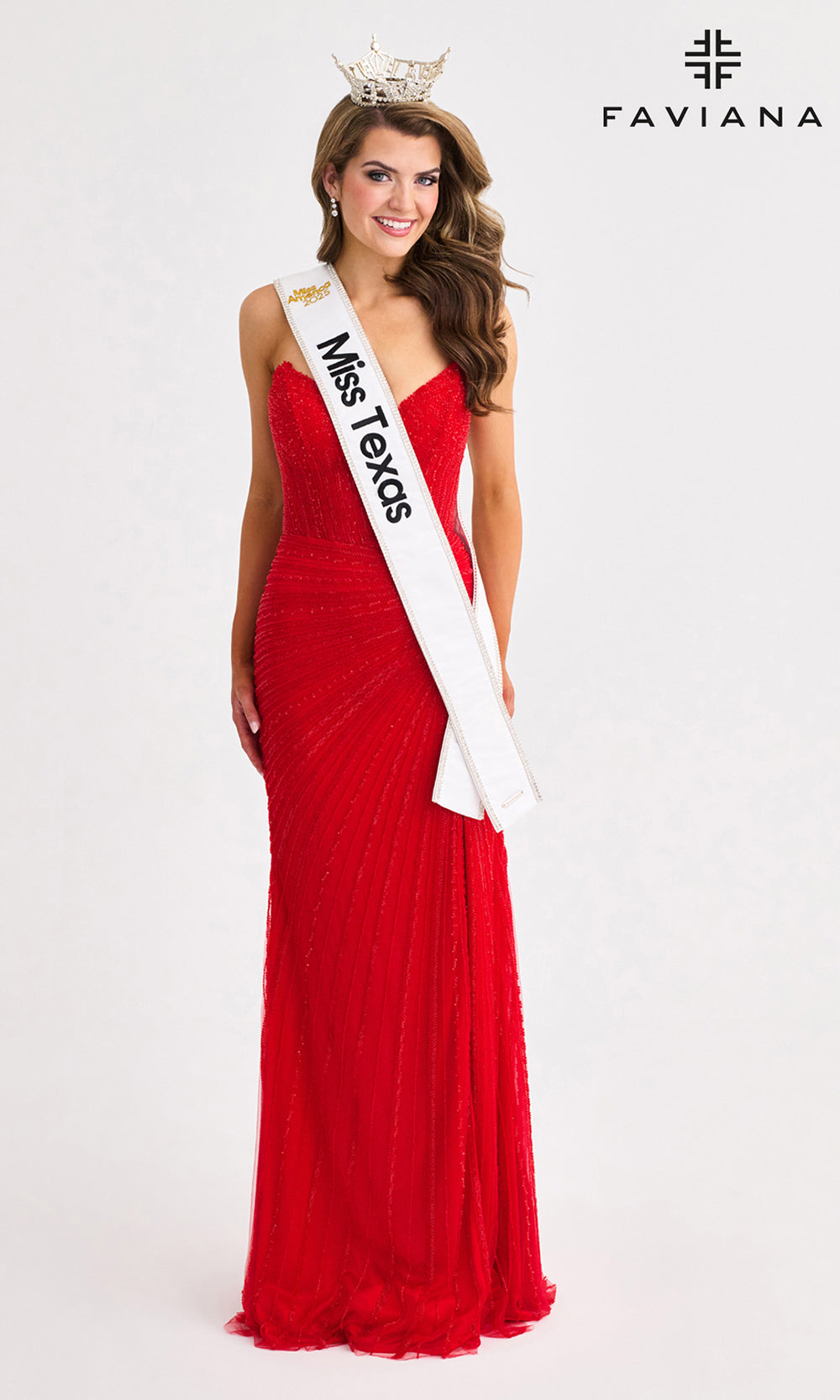 Woman in a red evening gown with a 'Miss Texas' sash and crown, branded with Faviana.