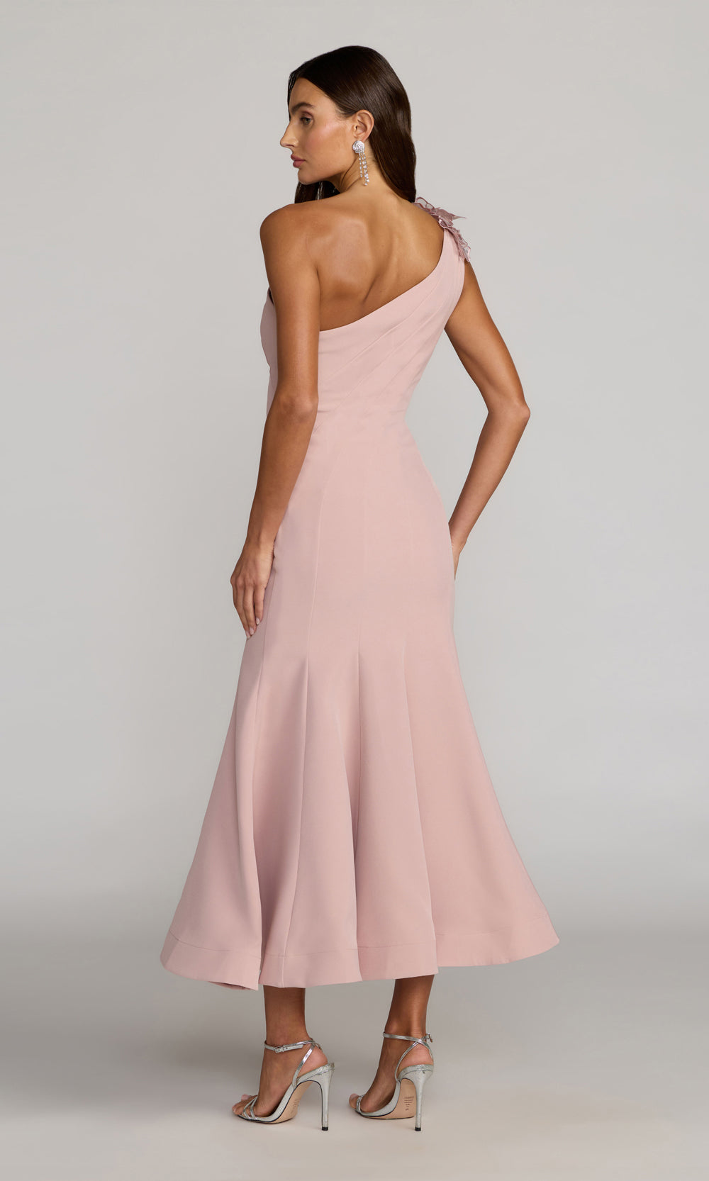 Mac Duggal 13222 Rose Pink back view wedding guest dress with stretch jersey, high-back full coverage, one-shoulder fit-and-flare tea-length silhouette, formal wedding celebration dress styled for wedding-guest