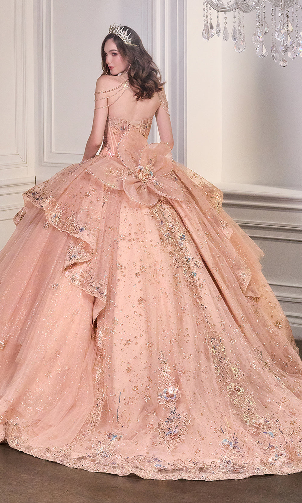 Ladivine 15727 Rose Gold Tulle Ballgown Back View with Crisscross Corset and Sweep Train