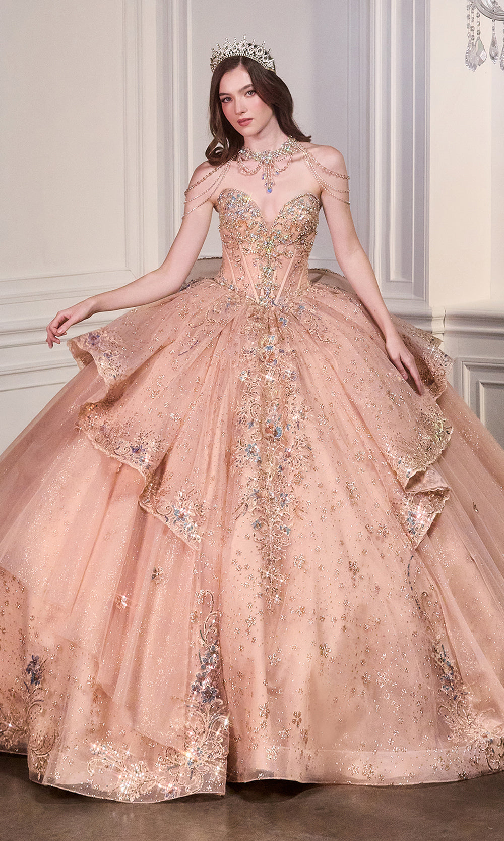 Ladivine 15727 Rose Gold Strapless Beaded Tulle Corset Ball Gown for Quinceañera or Sweet 16