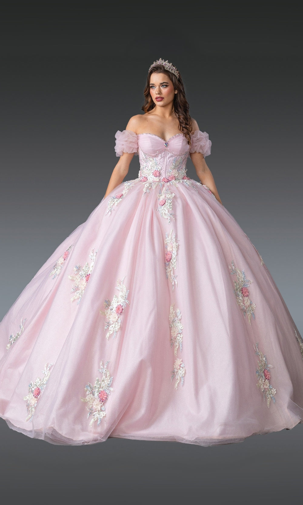 Pink ball gown with floral embroidery on a gray background