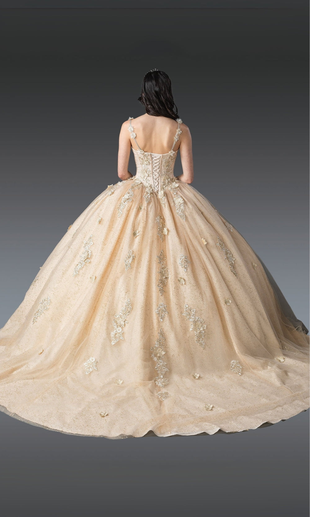 Beige ball gown with intricate detailing on a plain background