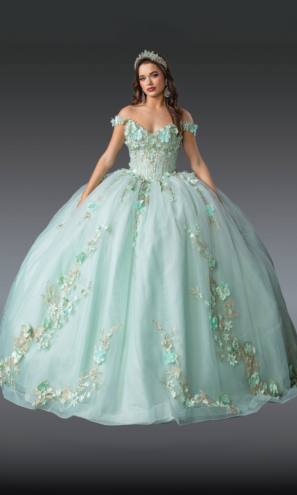 Woman wearing a light blue ball gown with floral embellishments on a gray background