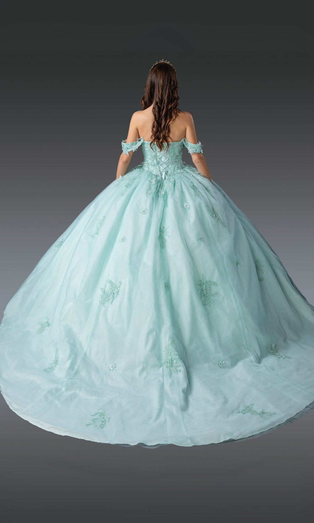 Mint green ball gown with floral details on a plain background