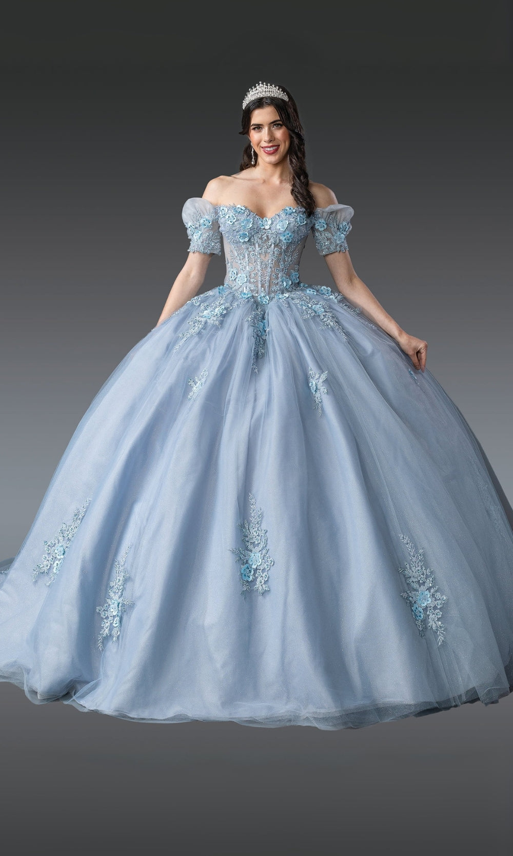 Light blue ball gown with floral details on a gray background