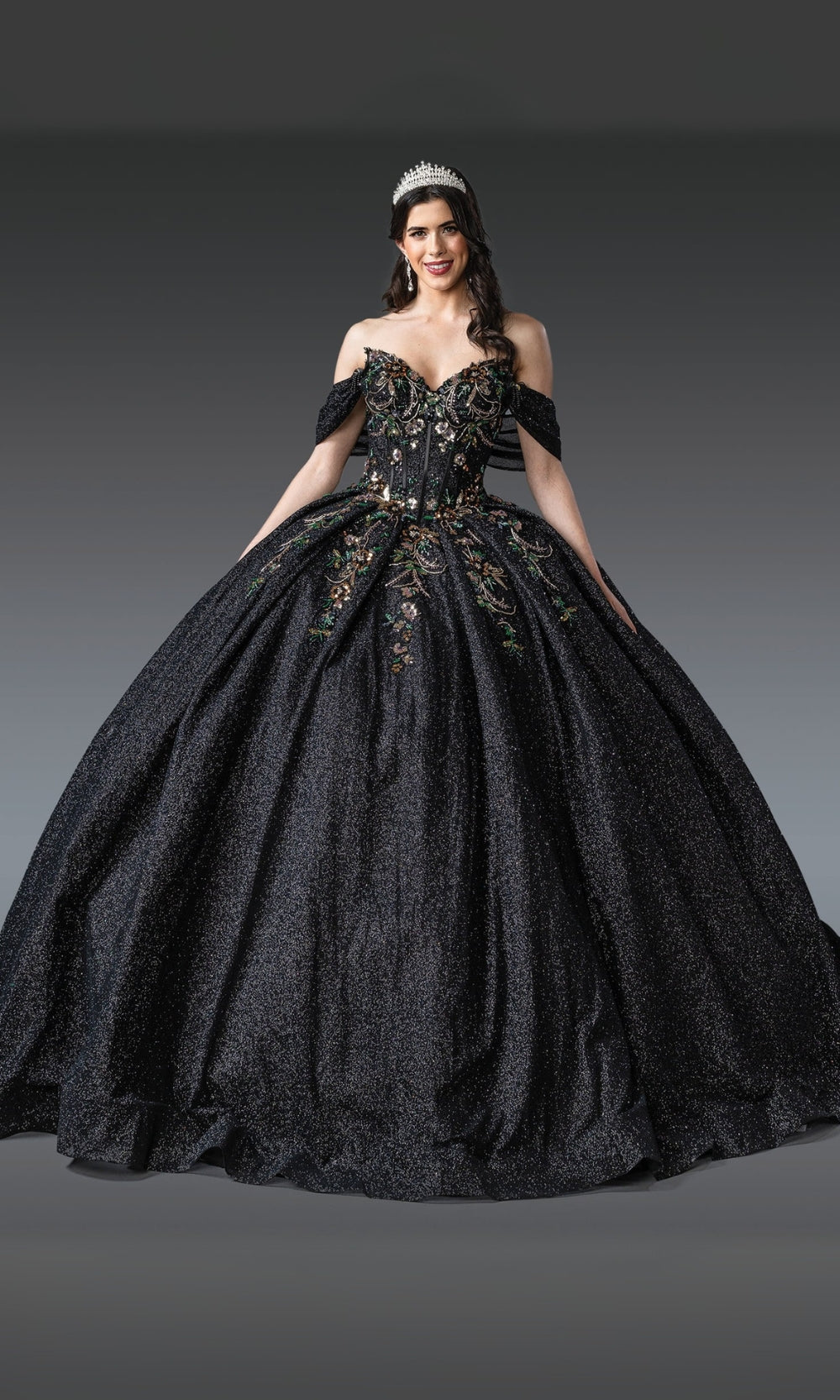 Woman wearing a black, ornate gown with a tiara against a gray background