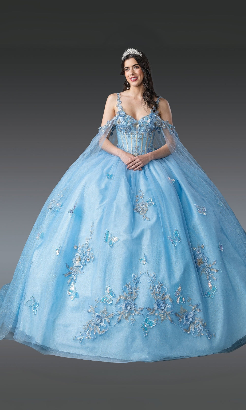 Woman in a light blue ball gown with floral embellishments on a gray background