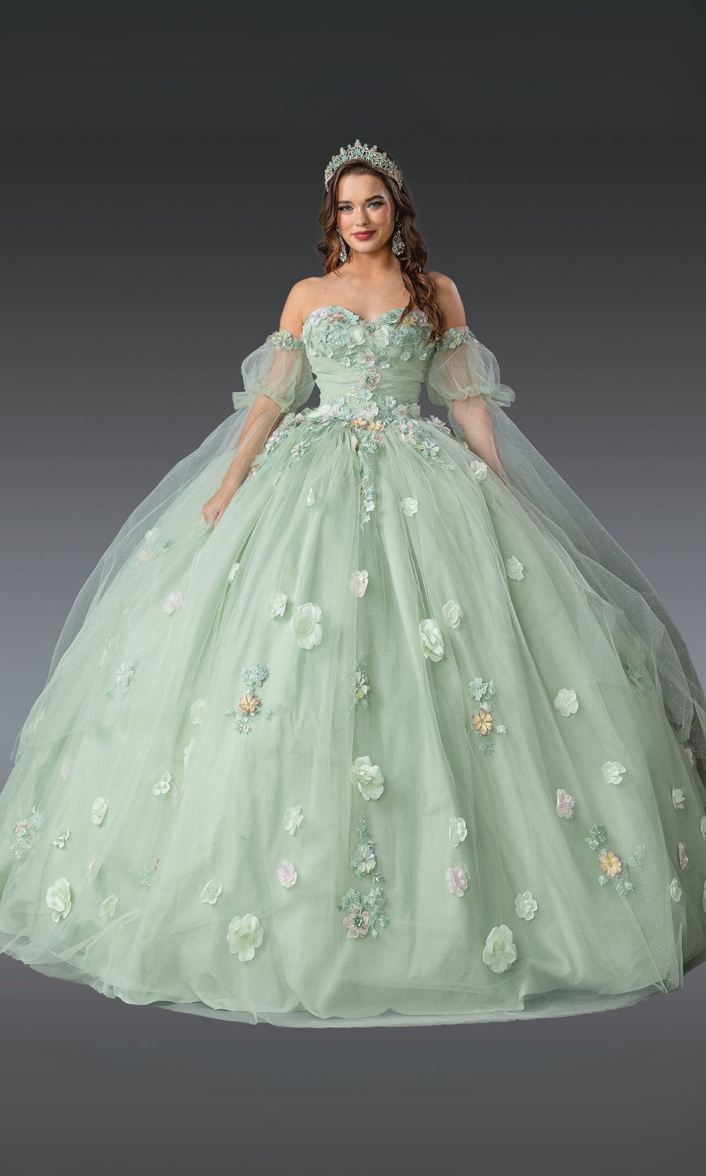 Woman in a light green ball gown with floral details on a dark background