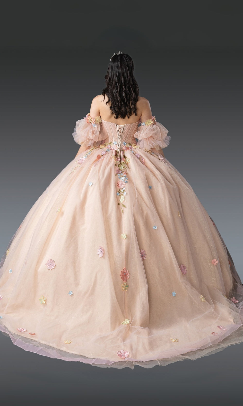 Beige ball gown with floral embroidery on a dark background