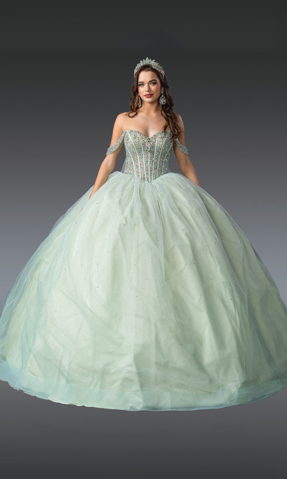 Mint green ball gown with intricate top and full skirt on a gray background