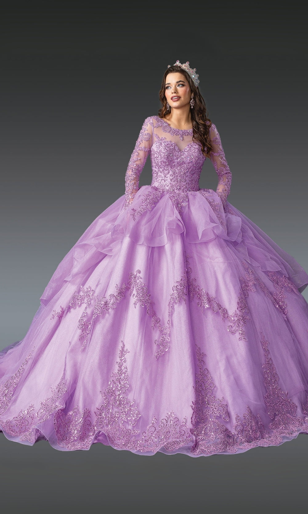 Purple ball gown with intricate detailing on a gray background