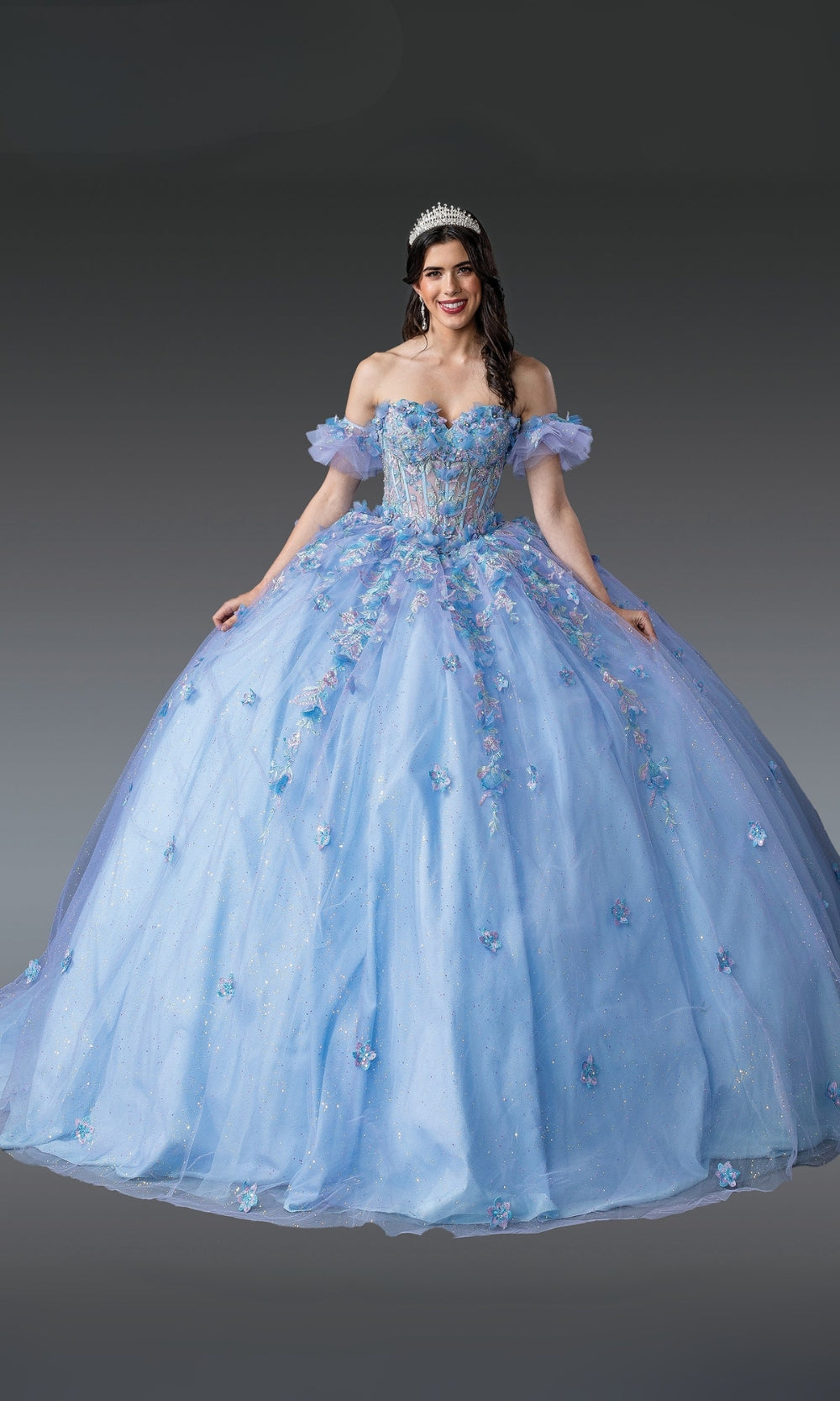 Woman in a light blue ball gown with floral details on a dark background