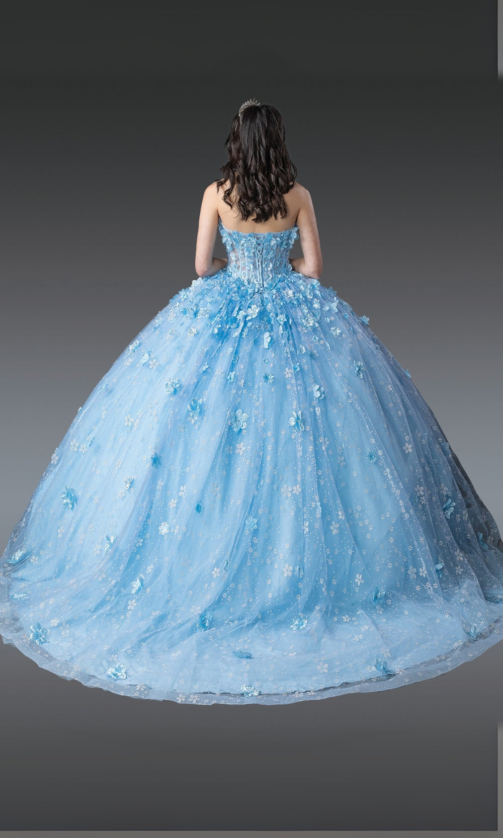 Light blue ball gown with floral details on a gray background