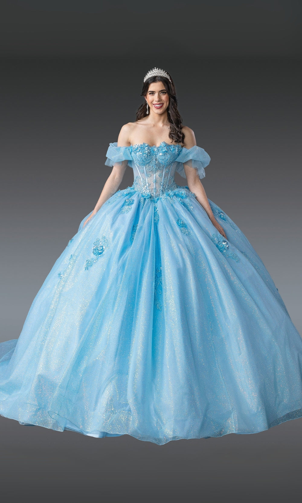 Woman wearing a light blue ball gown with a tiara on a dark background