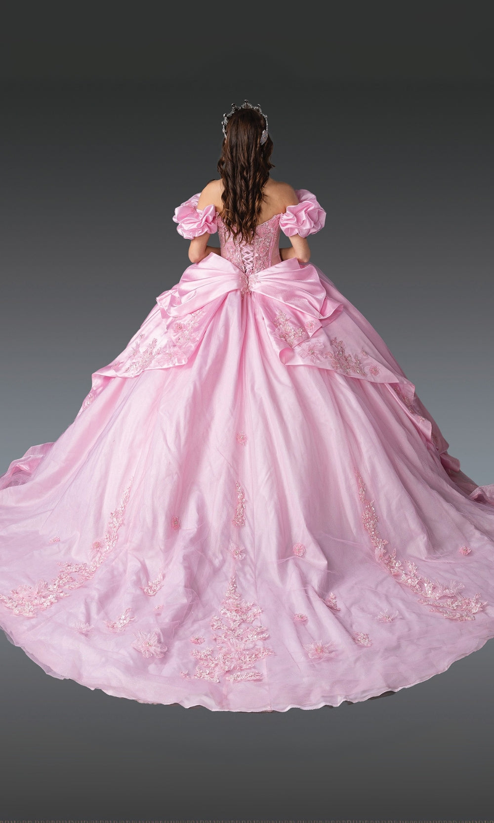 Pink ball gown with floral details on a dark background
