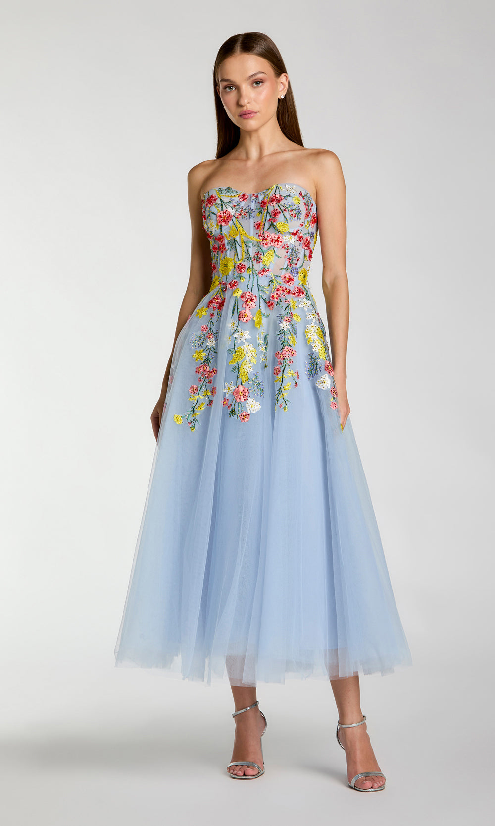 Mac Duggal 21304 Periwinkle Multicolor front view prom gown with tulle, beaded floral appliqués, strapless sweetheart corset bodice, a-line tea-length formal prom gown