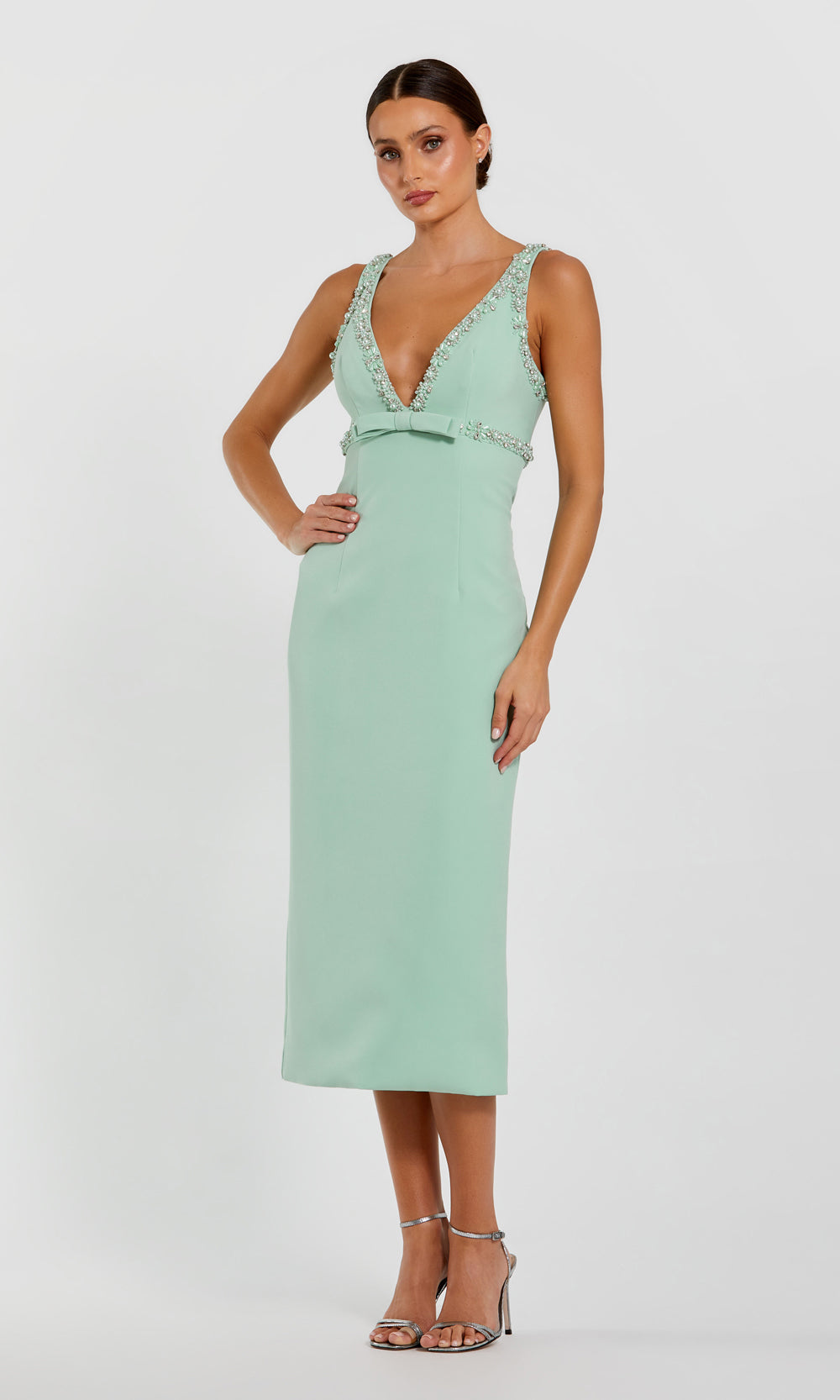 Mac Duggal 2276 Sage Green formal dress front view with structured stretch crepe, pearl and crystal beaded V-neckline straps, tea-length fitted sheath silhouette, mother of the bride styling