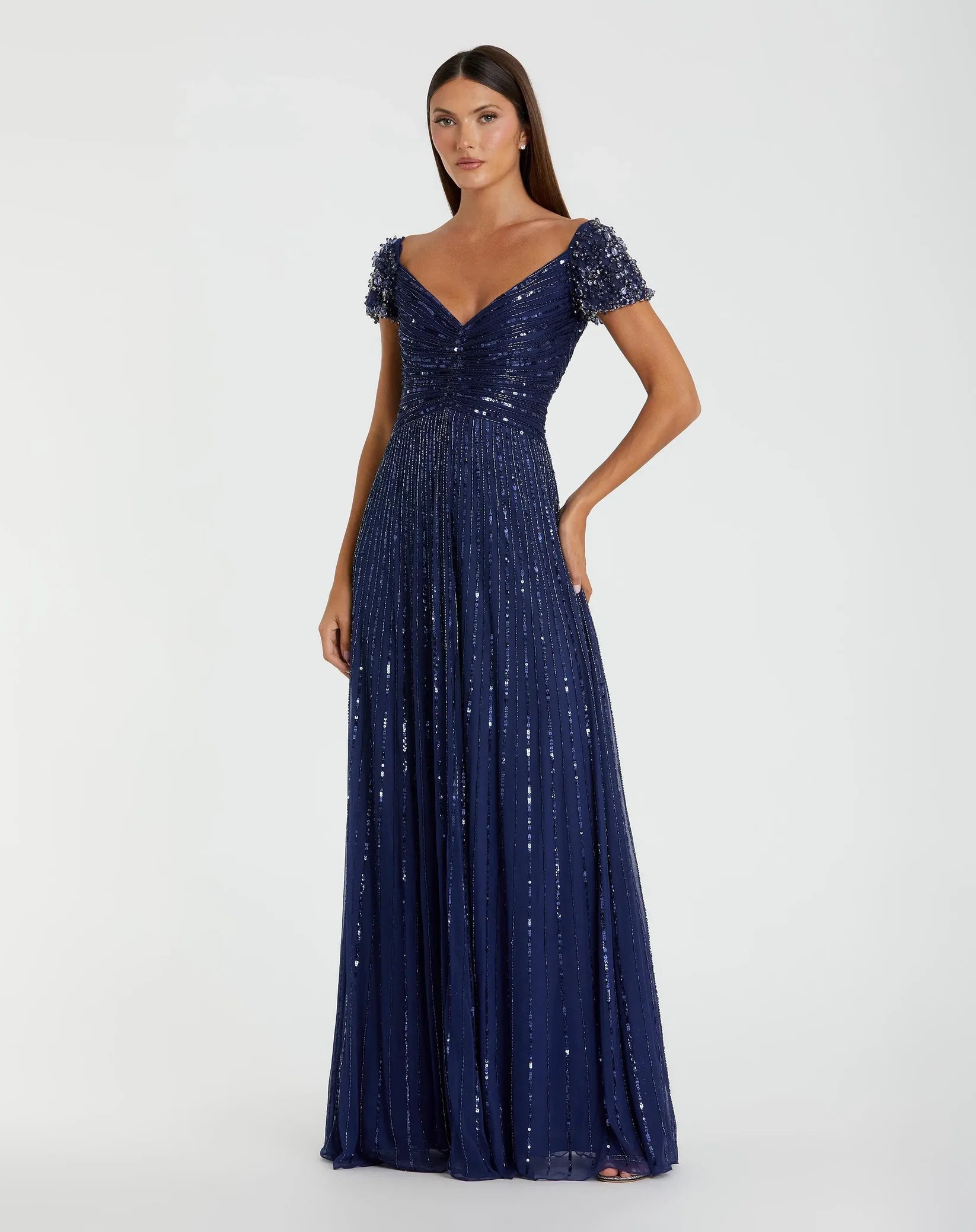 Mac Duggal 23042 Beaded Sequin V-Neck Fit-and-Flare Long Gown Gown