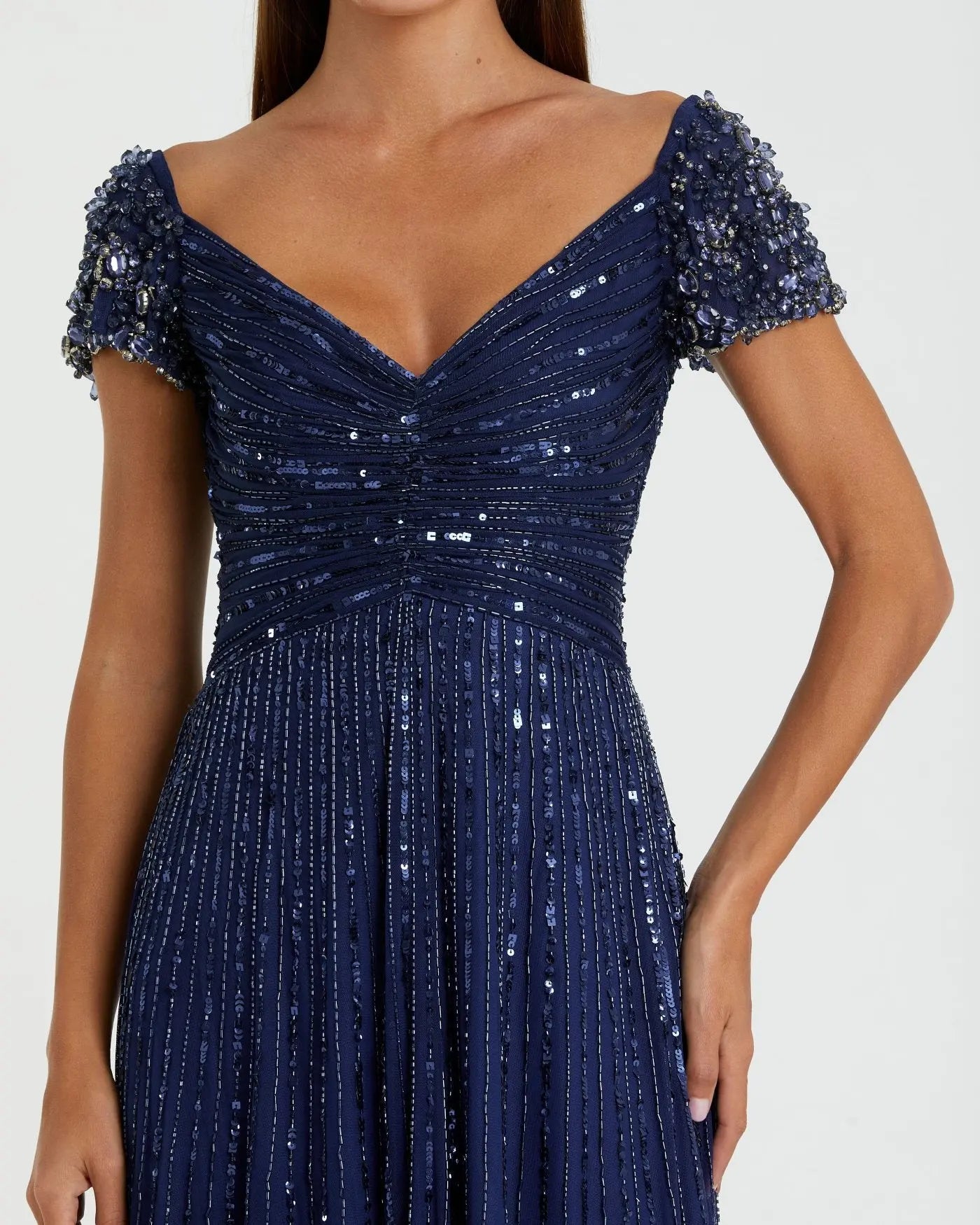 Mac Duggal 23042 Beaded Sequin V-Neck Fit-and-Flare Long Gown Gown
