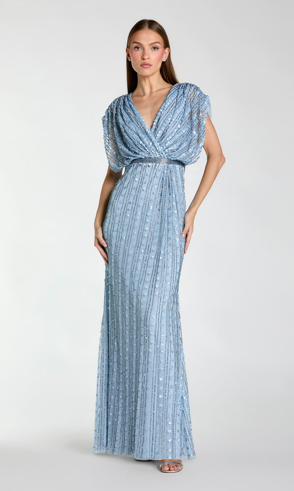 Mac Duggal 23081 Periwinkle front view fully-beaded v-neck empire waist long gown with sequin mesh fabric short cap sleeves and high back prom formal evening gown