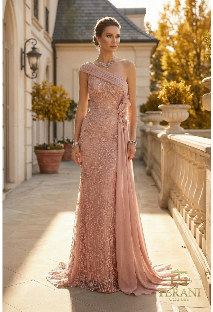 Terani Couture 262M7308 – One-Shoulder Lace Mother of the Bride Dress
