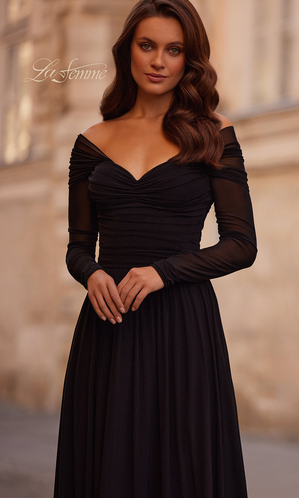Woman wearing a black dress with sheer sleeves against a blurred background