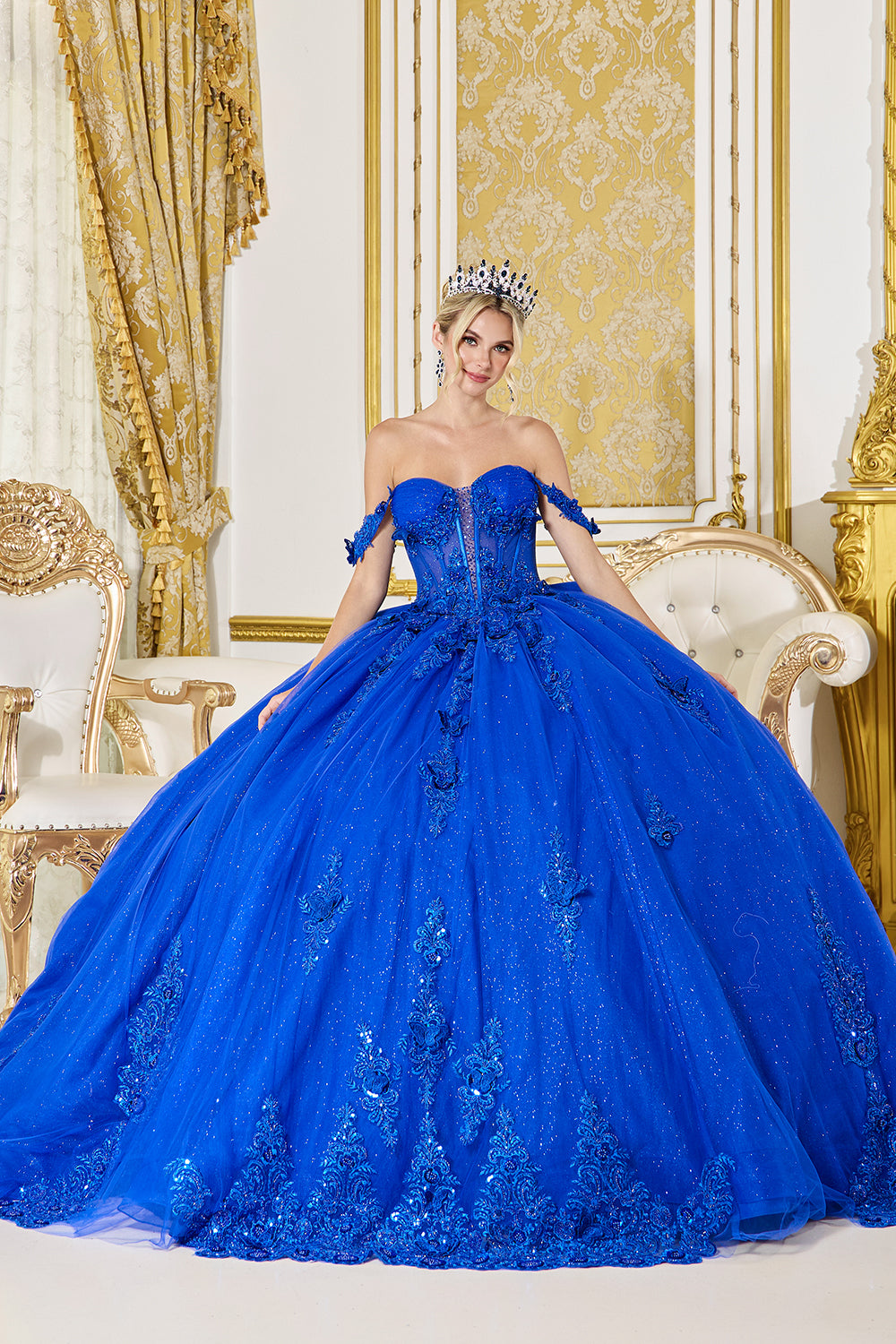 Dancing Queen DQ5000 — Off-the-Shoulder Floral Appliqué Quinceañera Ball Gown