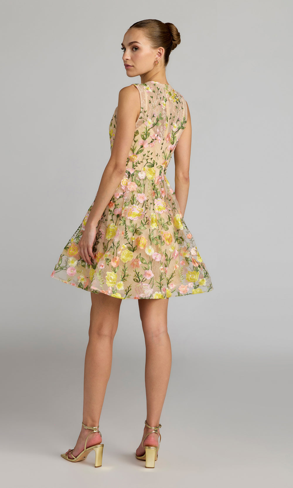 Mac Duggal 56409 Yellow Multicolor homecoming dress with floral embroidered mesh, fully covered high back, a-line silhouette, back view, cocktail party dress