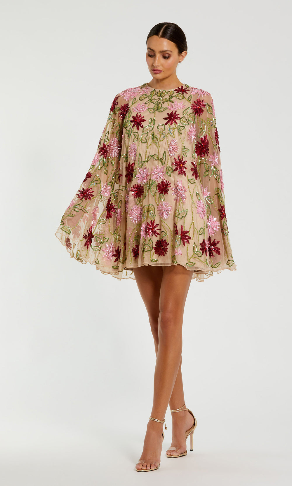 Mac Duggal 6123 Floral Sequin Cape Mini Dress with Long Mesh Sleeves