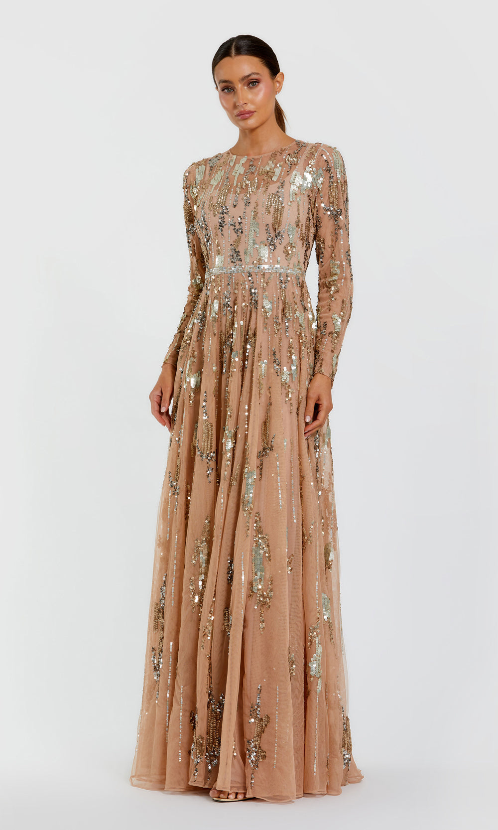 Mac Duggal 6181 Long Sequin Mesh Illusion High-Neck A-Line Gown with Beading