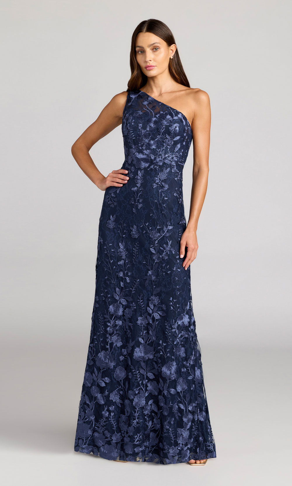 Mac Duggal 68606 navy front view one-shoulder floral lace a-line gown with mesh base, fitted silhouette, formal prom gown