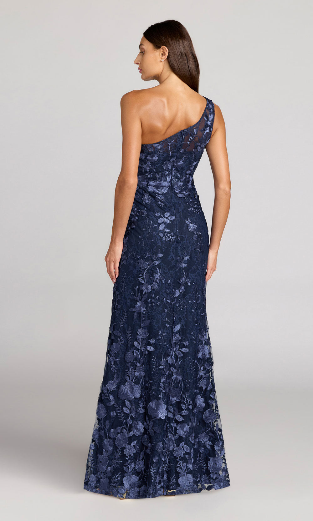 Mac Duggal 68606 navy back view one-shoulder floral embroidery gown with mesh and lace, floor length, evening gown styled for prom