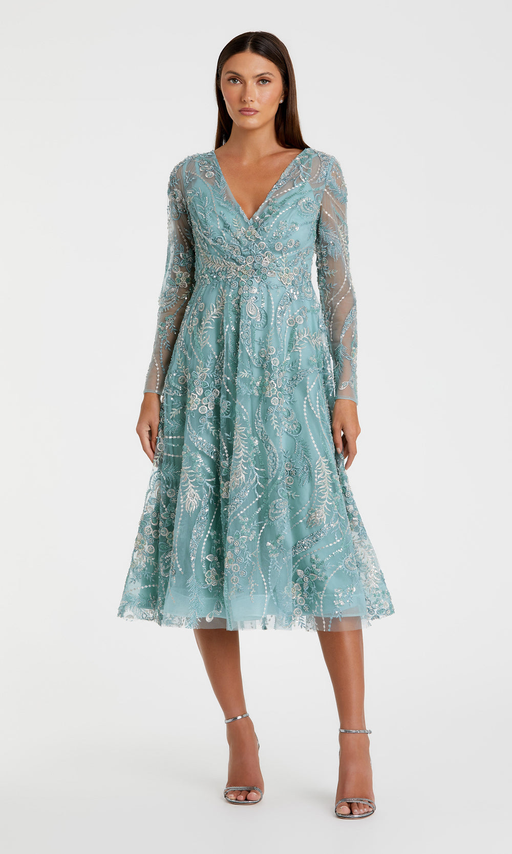 Mac Duggal 68915 Seafoam Green front view evening dress with beaded floral embroidered mesh overlay, long sleeves, tea-length a-line silhouette, black-tie event dress