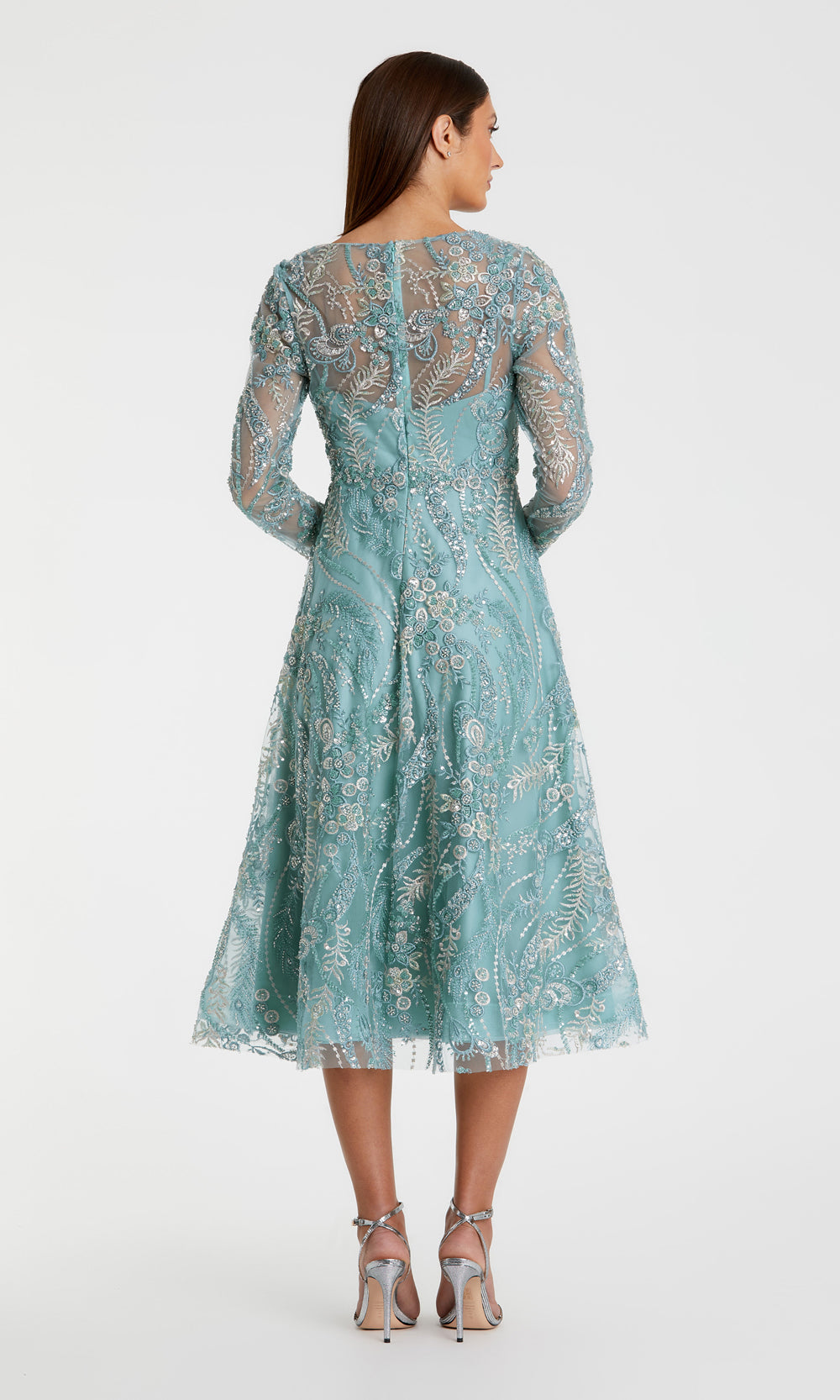 Mac Duggal 68915 Seafoam Green back view evening dress with high covered back, center-back zipper, fully embroidered mesh, mother of the bride styling