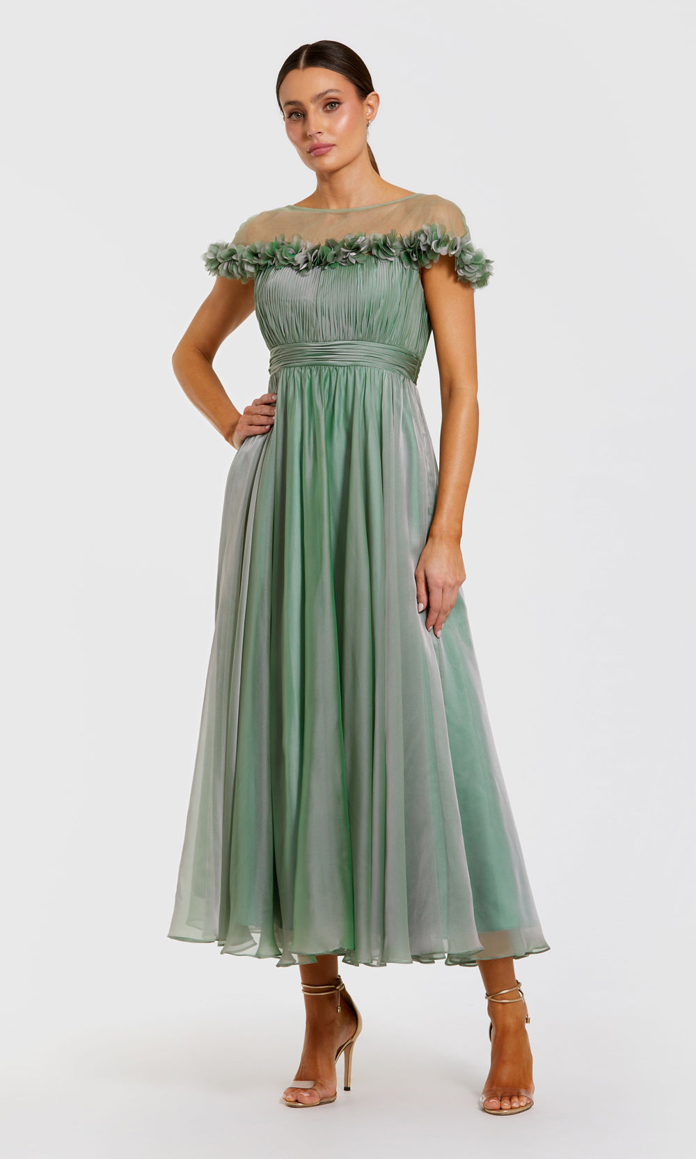 Mac Duggal 68966 Sage Green front view evening gown with iridescent chiffon, sheer illusion yoke, 3D floral appliqués at shoulders, a-line tea-length silhouette, formal prom gown