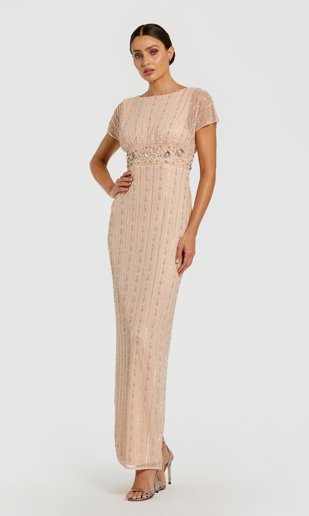Mac Duggal 94147 Rose Pink champagne beige fully beaded fitted long formal gown with pearl empire waistband, scoop neckline, short sleeves, black-tie event dress