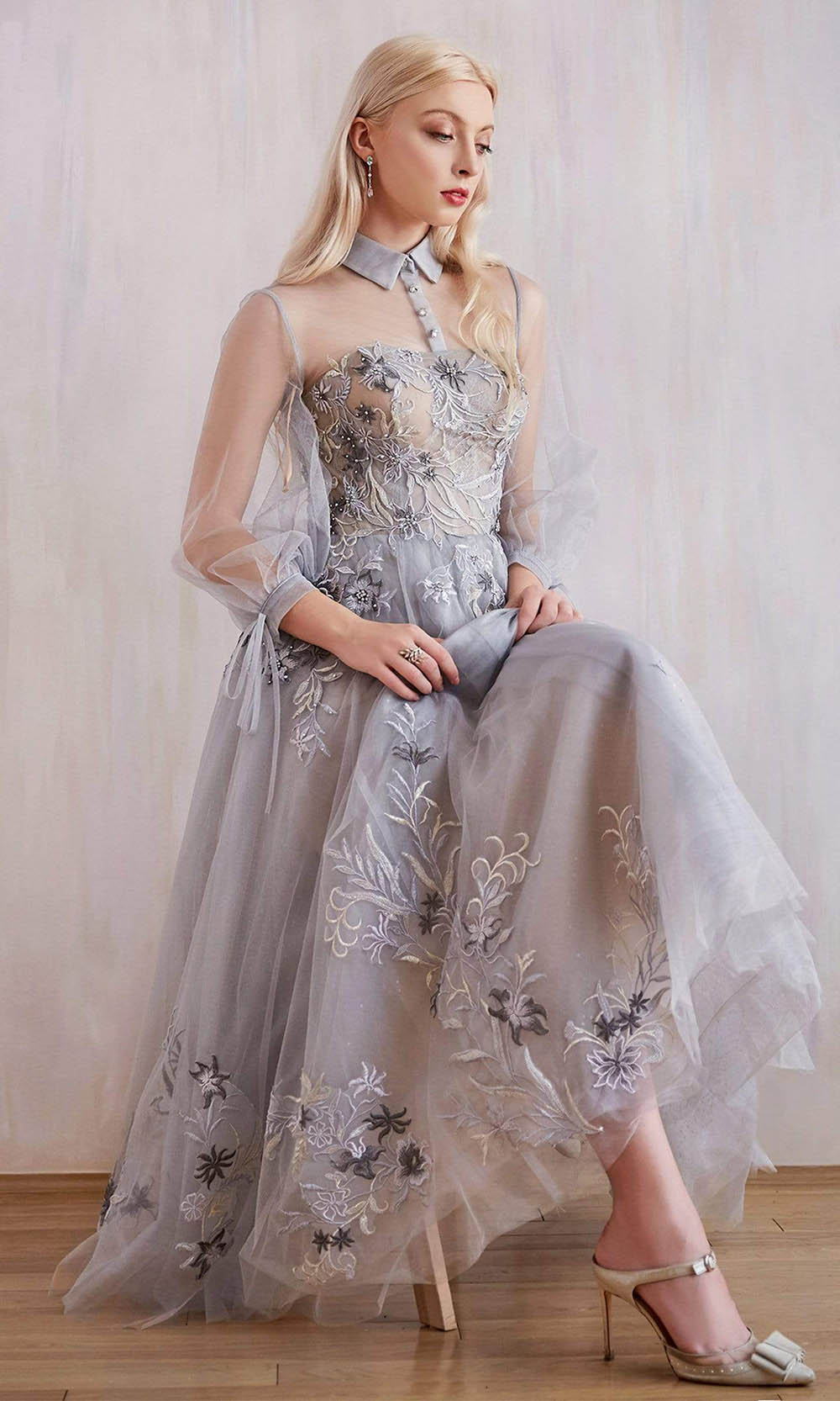 Andrea and Leo - A0862 Sassy High Collared A-Line Dress In Blue