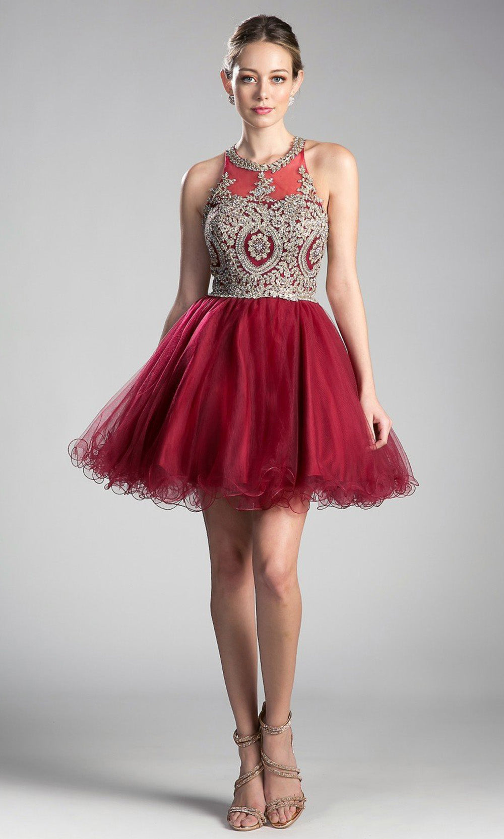 Ladivine - UJ0119 Applique Strappy Back Dress In Burgundygrade 8 grad dresses, graduation dresses