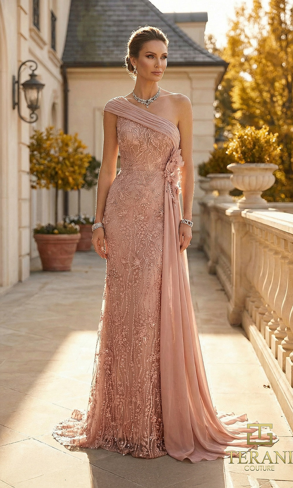 Terani Couture 262M7308 Blush mother of the bride dress front view with one-shoulder beaded embroidered column, chiffon shoulder sash and 3D floral accent, mother of the bride styling