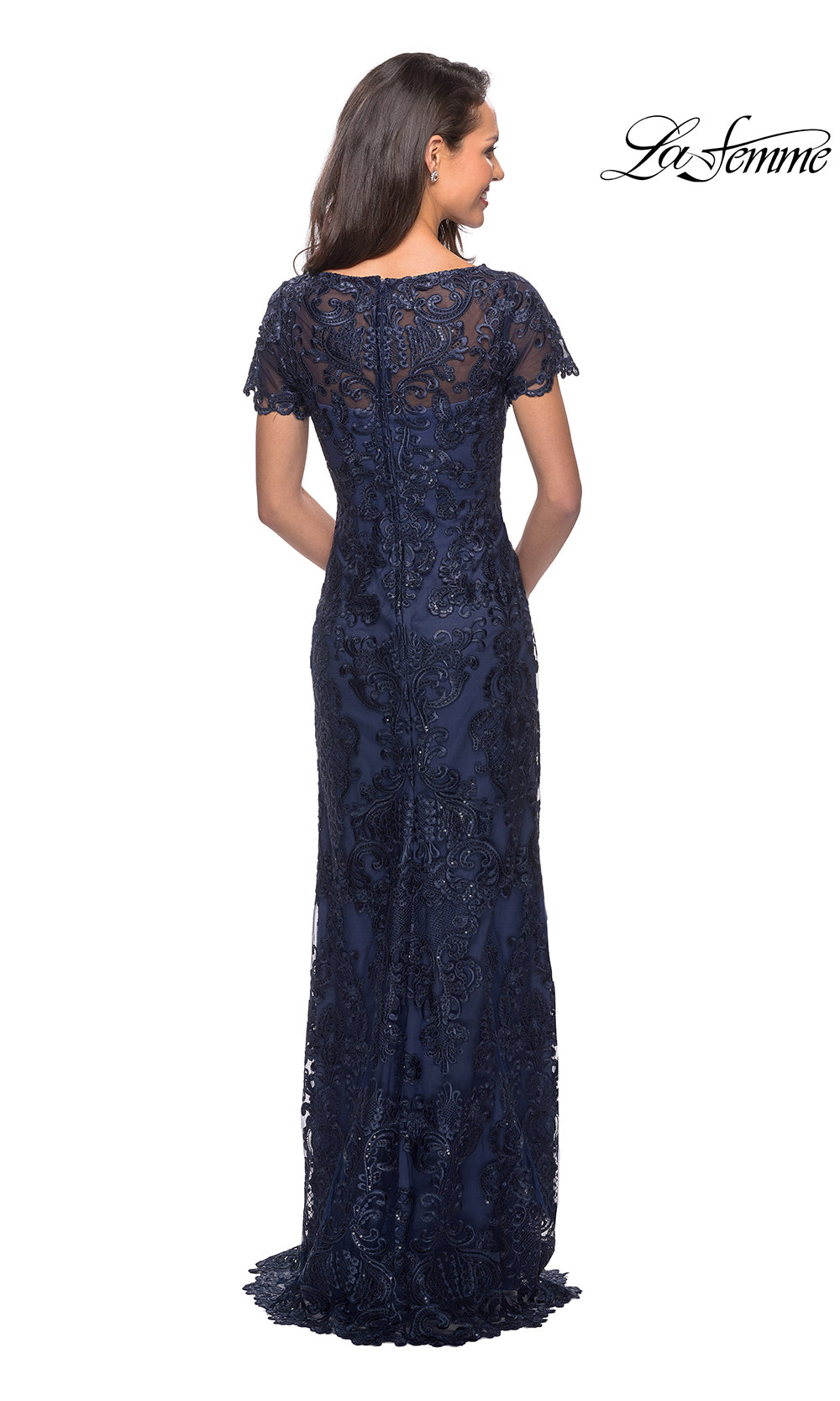 Navy lace evening gown on a white background with 'La Femme' branding.