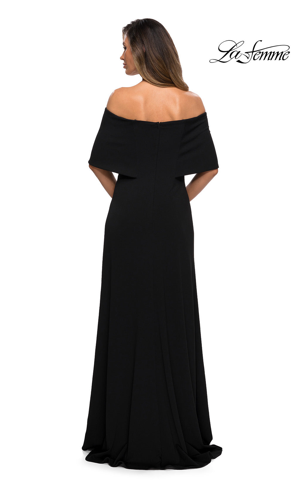 Black off-shoulder evening gown on a white background with 'La Femme' branding.
