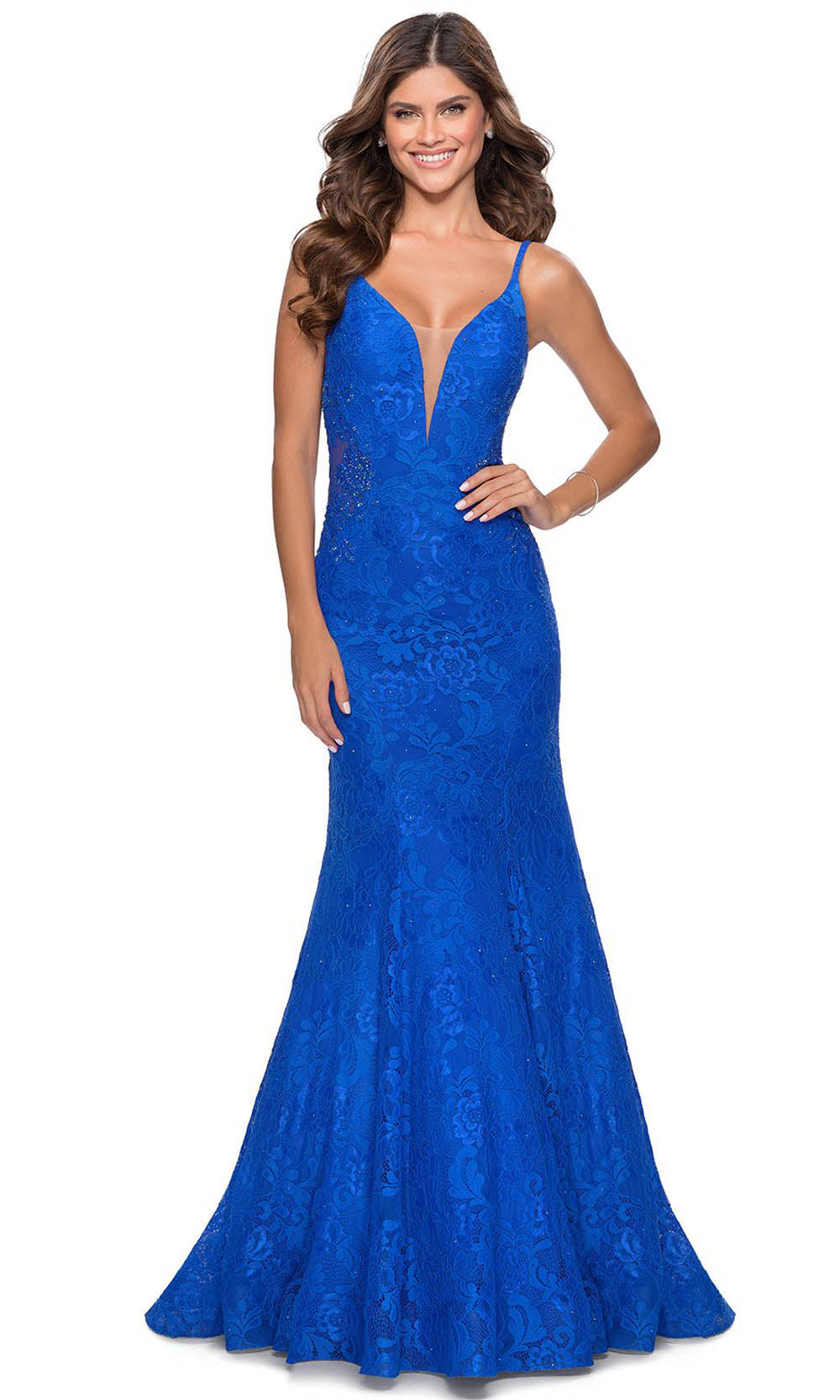 La Femme - 28355 Sparkly Lace Illusion Bodice Mermaid Gown In Blue
