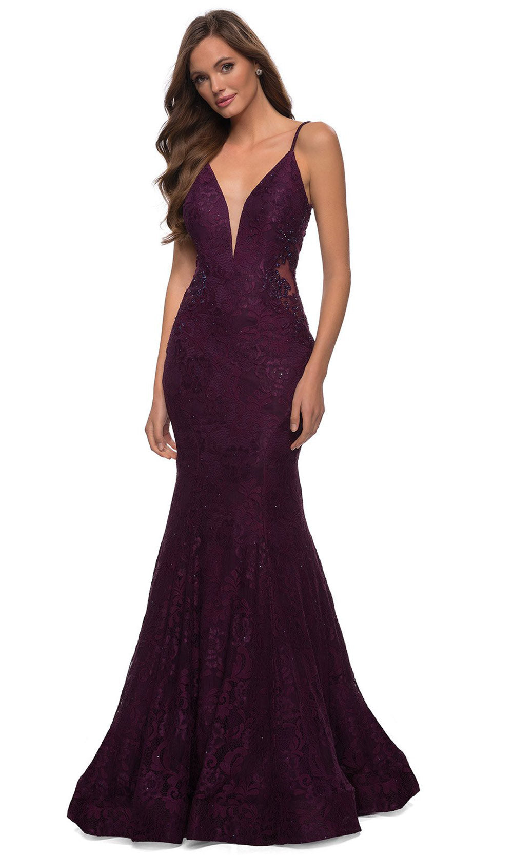 La Femme - 28355 Sparkly Lace Illusion Bodice Mermaid Gown In Red