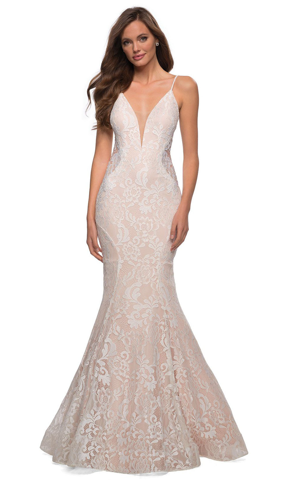 La Femme - 28355 Sparkly Lace Illusion Bodice Mermaid Gown In White & Ivory