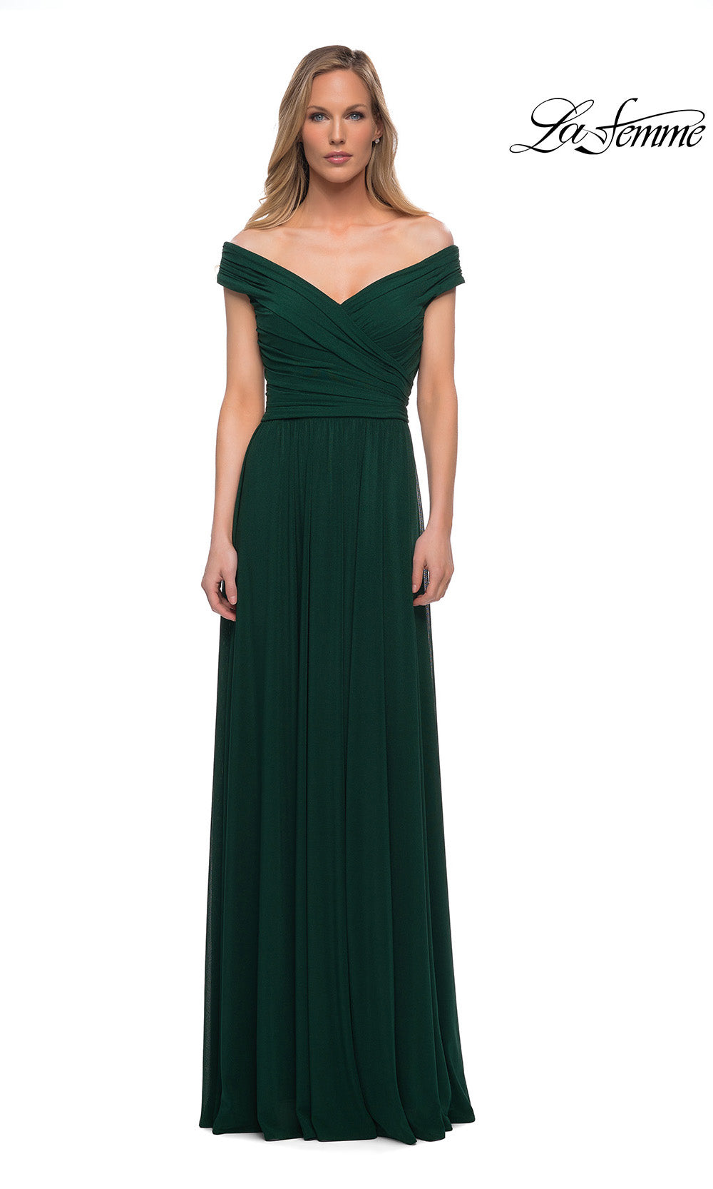 Woman wearing a green off-shoulder gown on a white background with 'La Femme' branding.