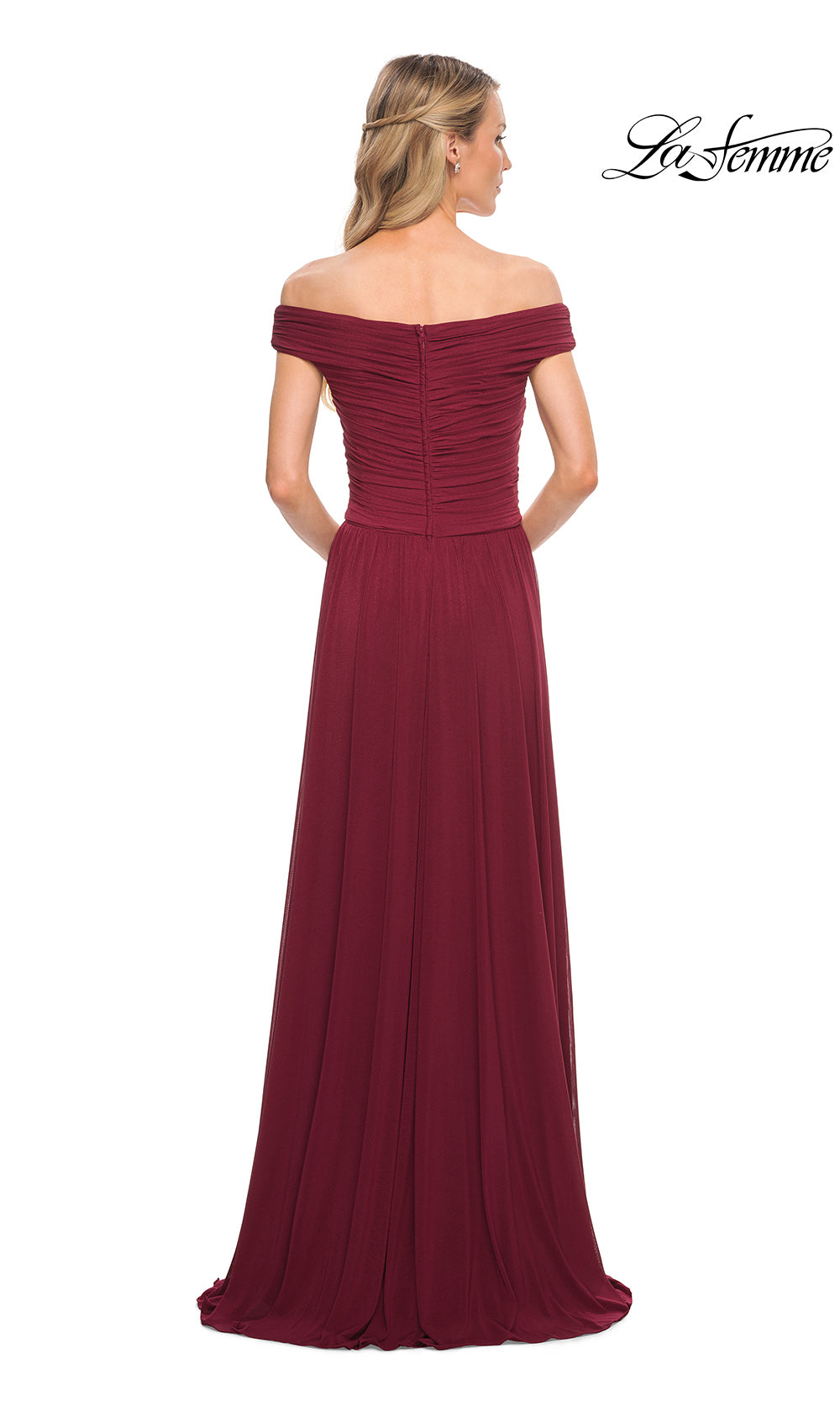 Burgundy off-shoulder evening gown on a white background with 'La Femme' branding.
