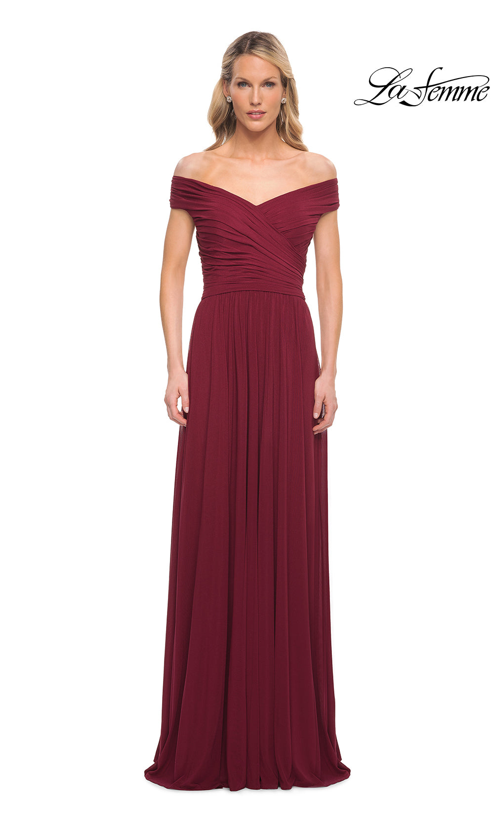 Burgundy off-shoulder evening gown on a white background with 'La Femme' branding.