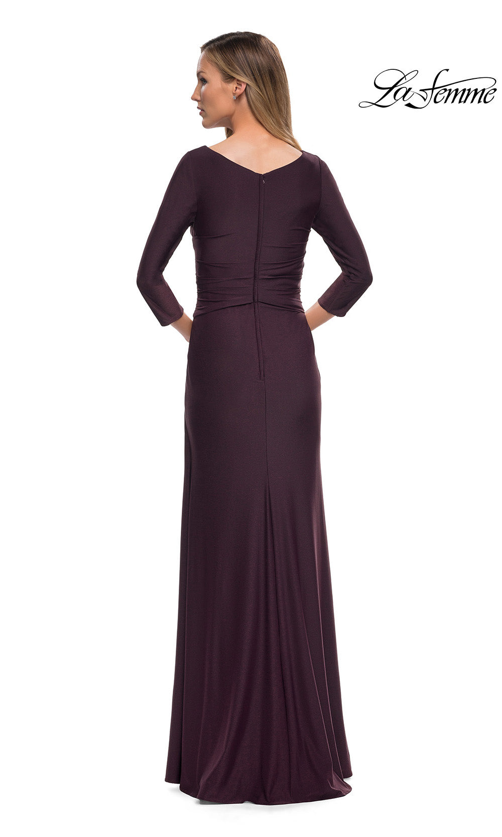 Long dark purple dress with a V-neckline on a white background, featuring the brand 'La Femme'.