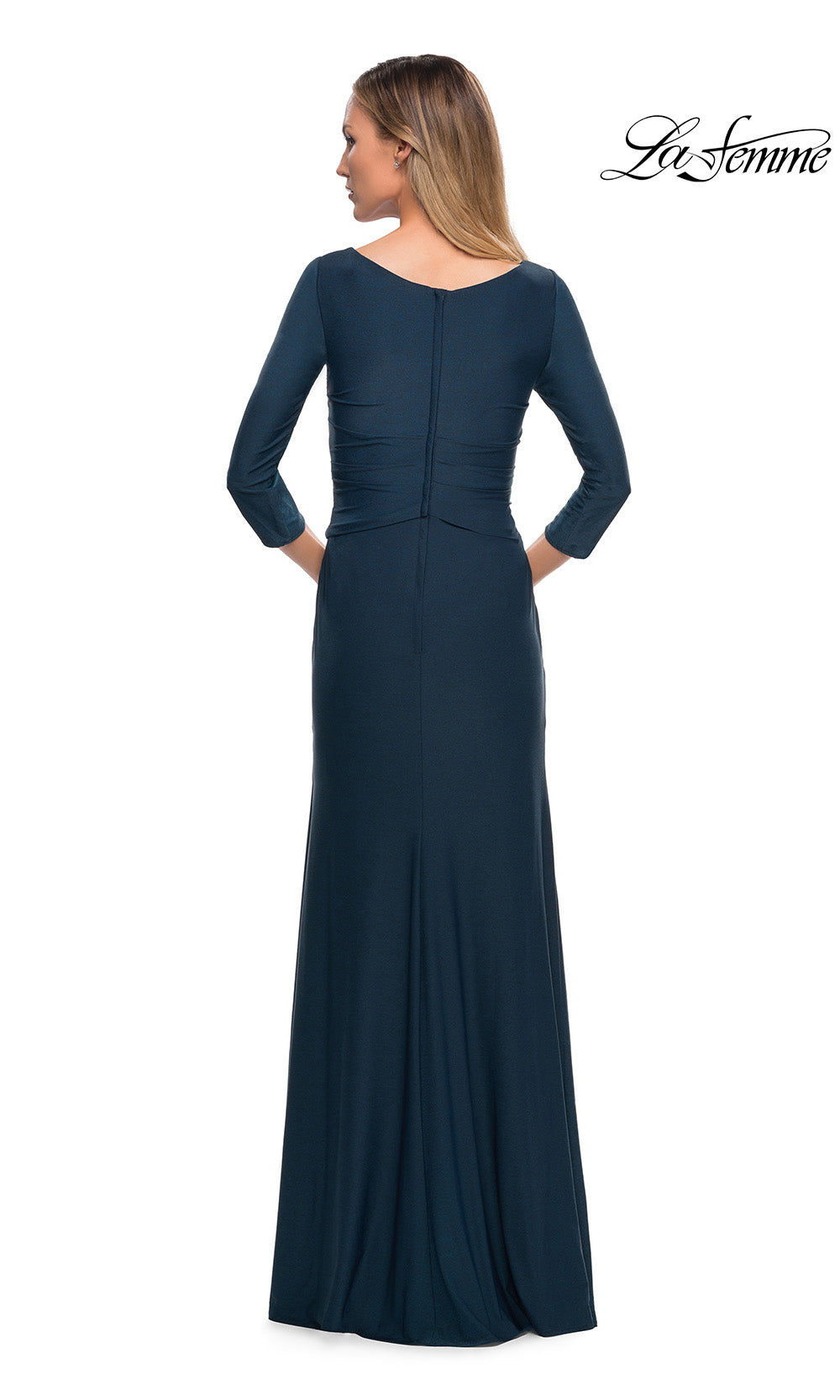 Navy blue evening gown with long sleeves on a white background